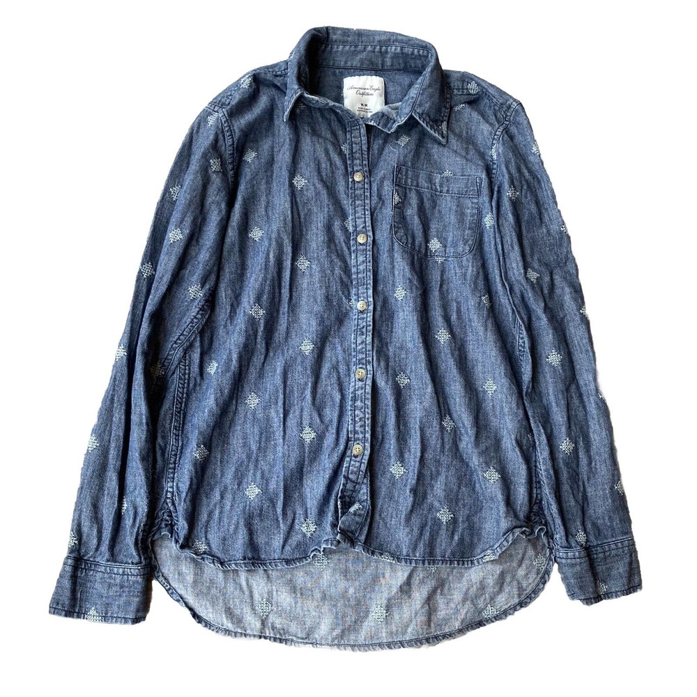 American Eagle Outfitters Top Sz M Chambray Button Down Shirt Embroidery Blue